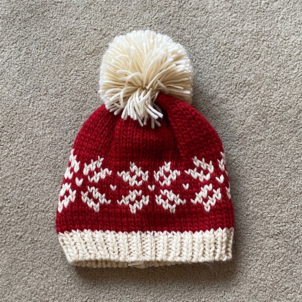 Red and Cream Pom Pom Knit Beanie